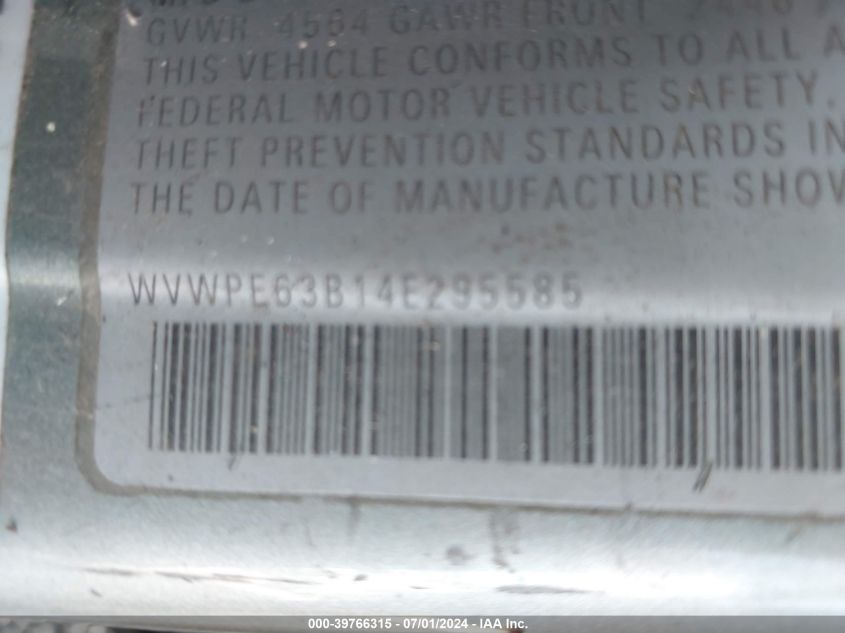 2004 Volkswagen Passat Gls Tdi VIN: WVWPE63B14E295585 Lot: 39766315