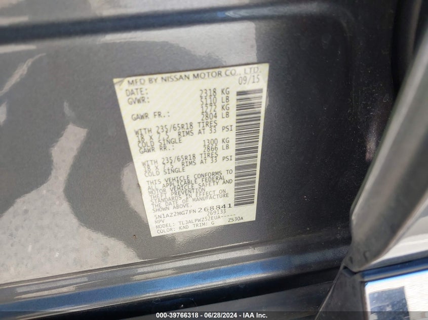 2015 Nissan Murano S VIN: 5N1AZ2MG7FN268841 Lot: 39766318