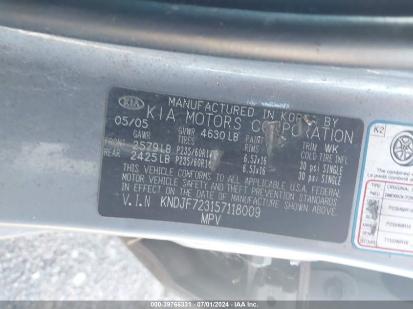 2005 Kia Sportage Ex V6/Lx V6 VIN: KNDJF723157118009 Lot: 39766331