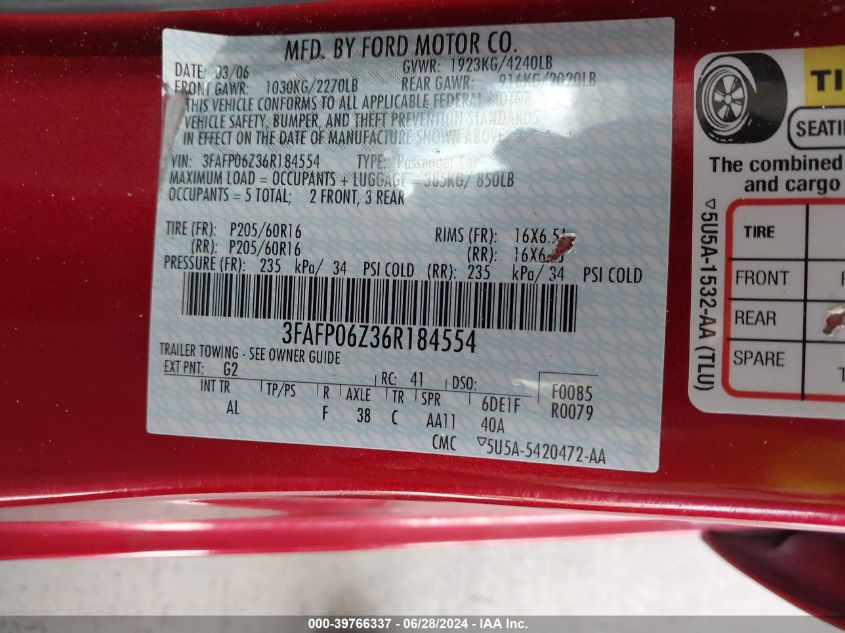 2006 Ford Fusion S VIN: 3FAFP06Z36R184554 Lot: 39766337