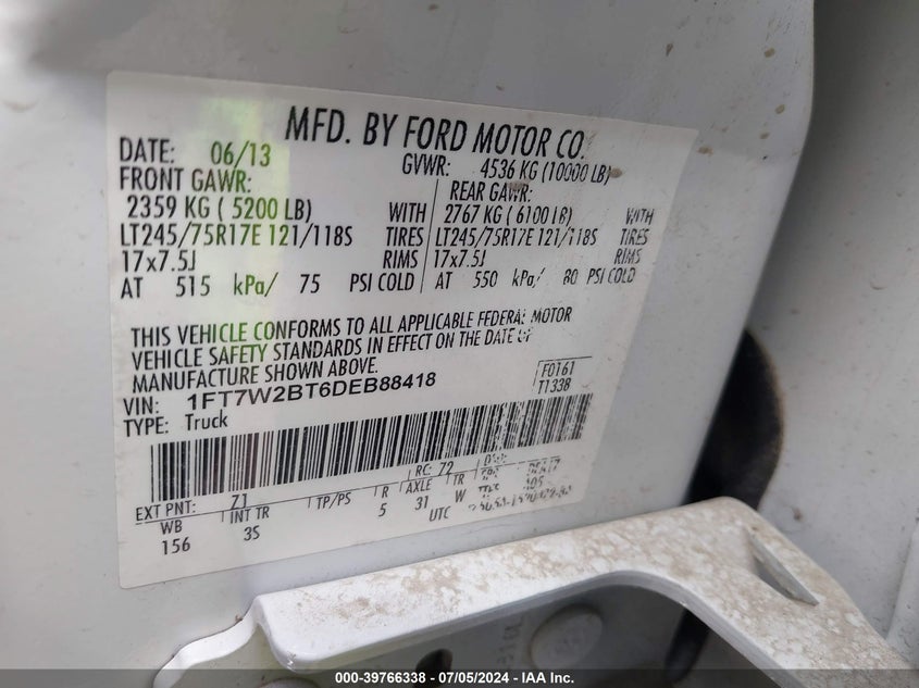 2013 Ford F-250 Xlt VIN: 1FT7W2BT6DEB88418 Lot: 39766338