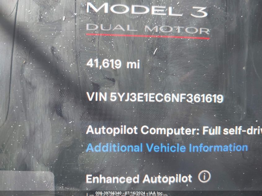 2022 Tesla Model 3 Performance Dual Motor All-Wheel Drive VIN: 5YJ3E1EC6NF361619 Lot: 39766340