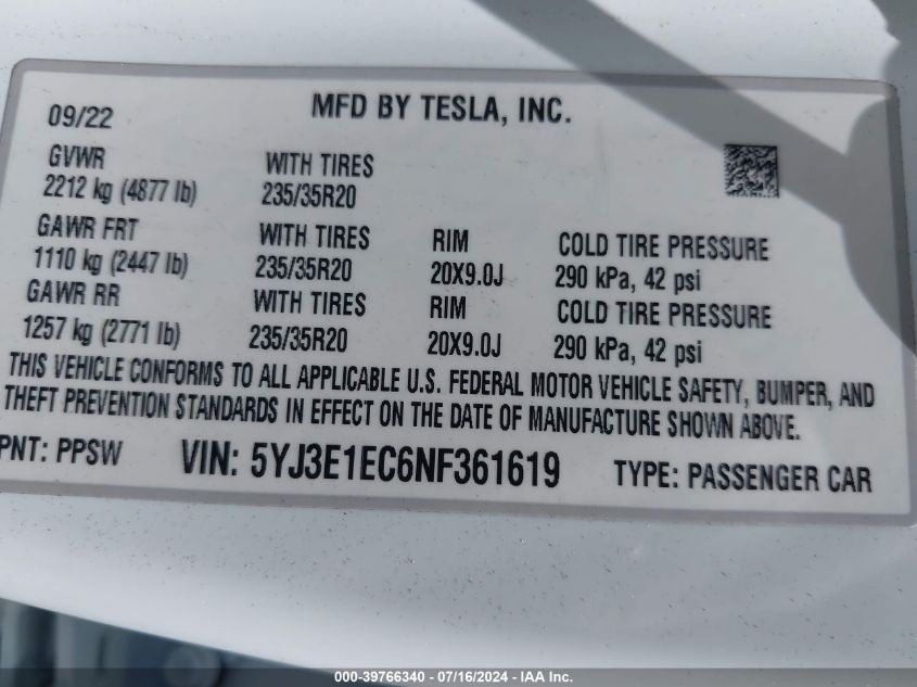 2022 Tesla Model 3 Performance Dual Motor All-Wheel Drive VIN: 5YJ3E1EC6NF361619 Lot: 39766340