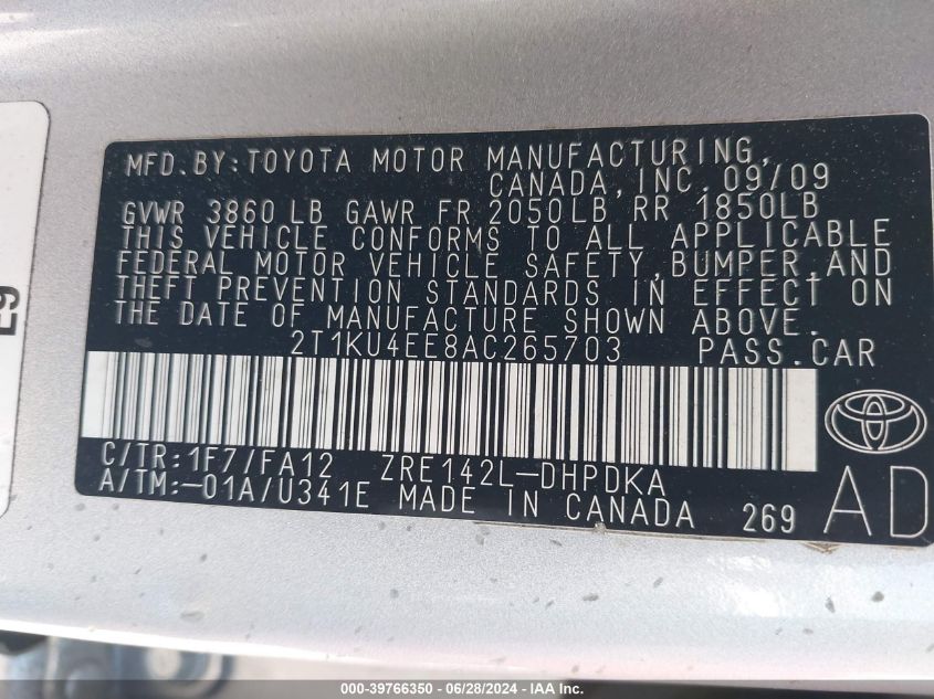 2010 Toyota Matrix VIN: 2T1KU4EE8AC265703 Lot: 39766350