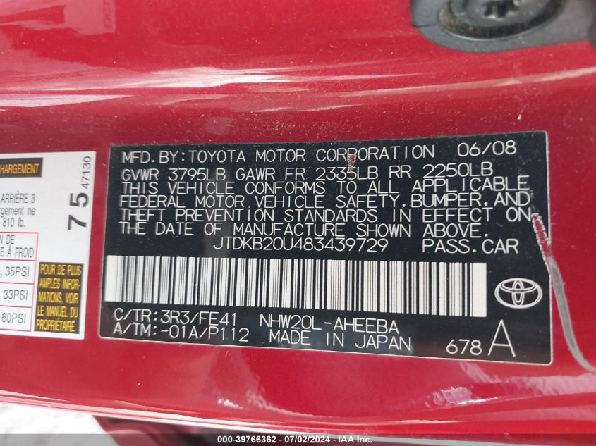 2008 Toyota Prius VIN: JTDKB20U483439729 Lot: 39766362