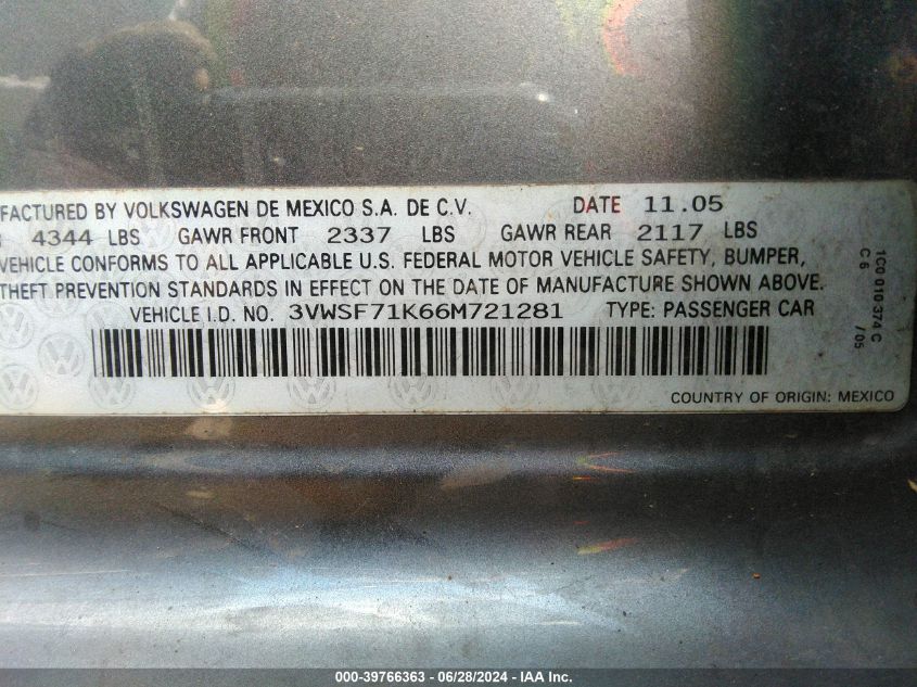 2006 Volkswagen Jetta 2.5 VIN: 3VWSF71K66M721281 Lot: 39766363