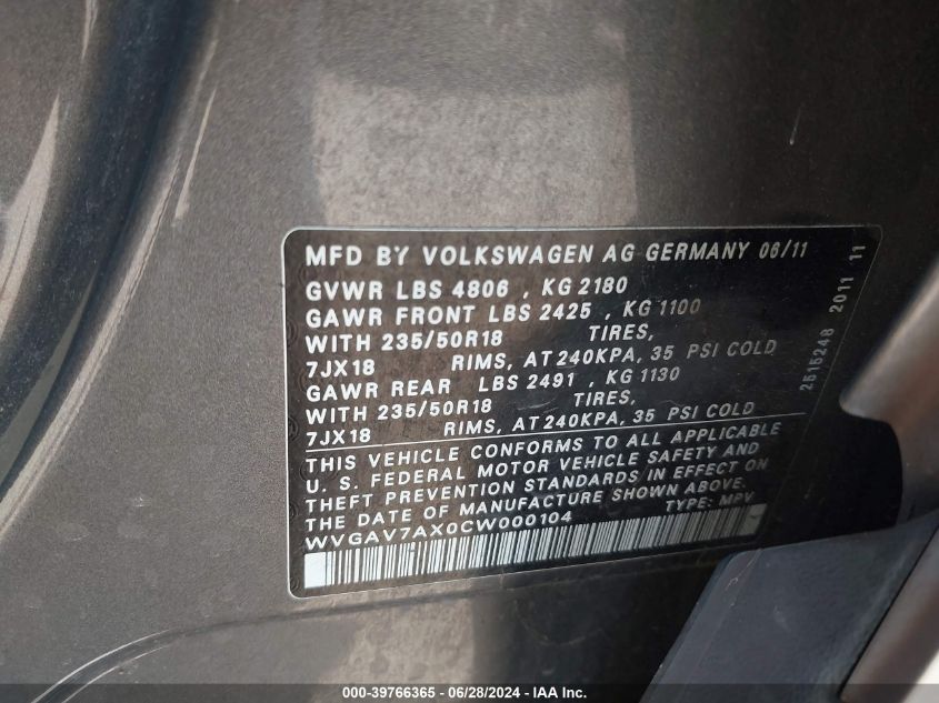 2012 Volkswagen Tiguan Se VIN: WVGAV7AX0CW000104 Lot: 39766365