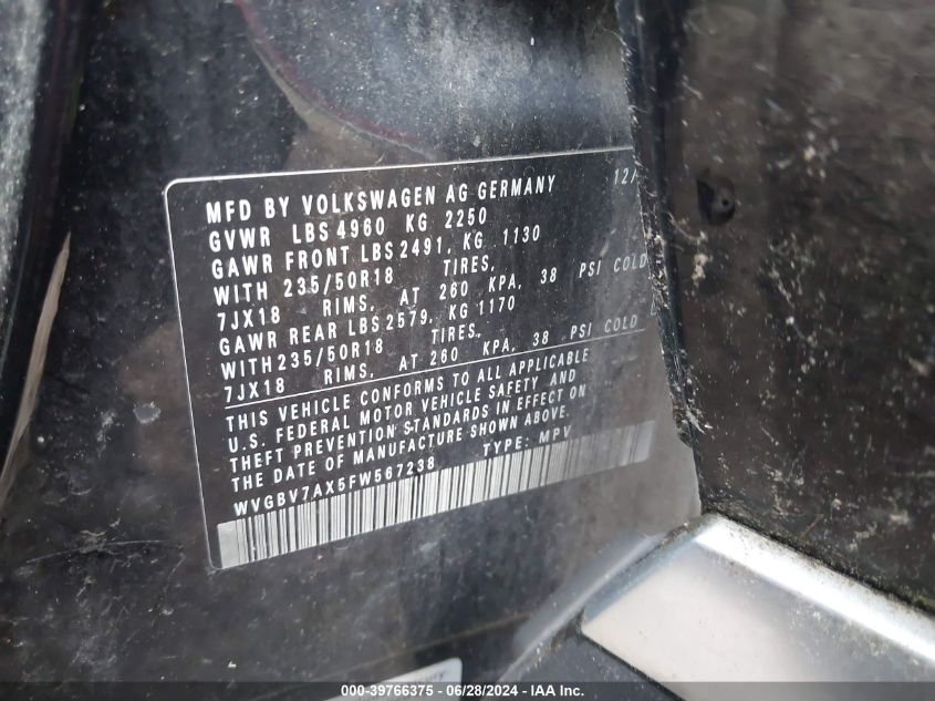 2015 Volkswagen Tiguan Sel VIN: WVGBV7AX5FW567238 Lot: 39766375