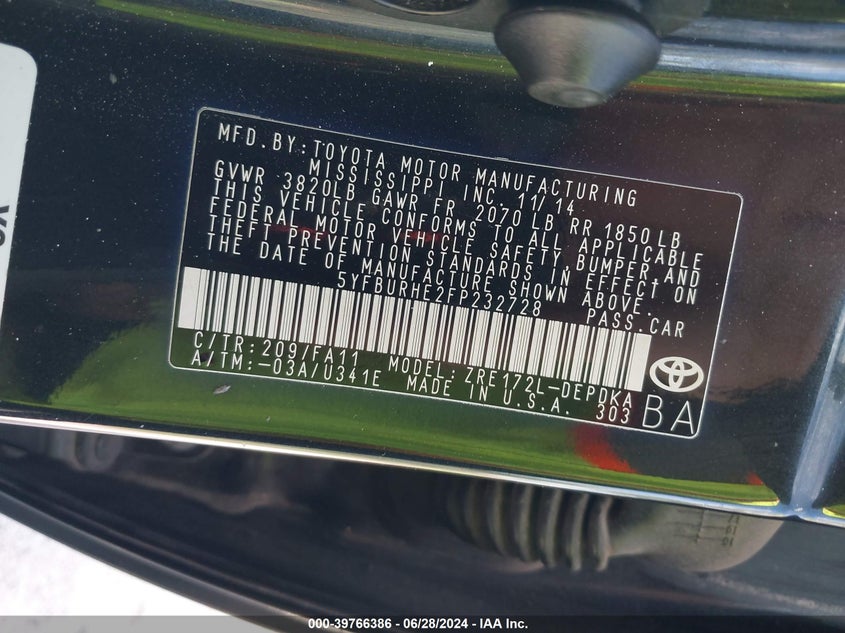 2015 TOYOTA COROLLA L/LE/LE PLS/PRM/S/S PLS - 5YFBURHE2FP232728