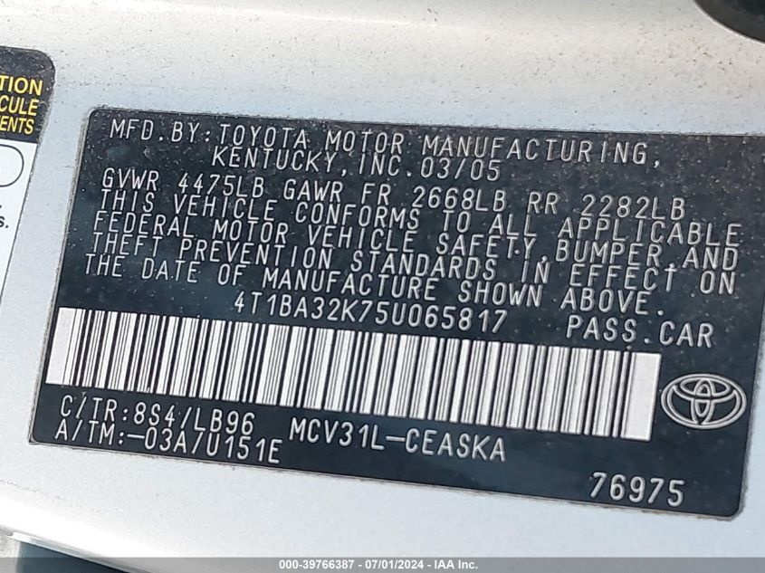 2005 Toyota Camry Se V6 VIN: 4T1BA32K75U065817 Lot: 39766387