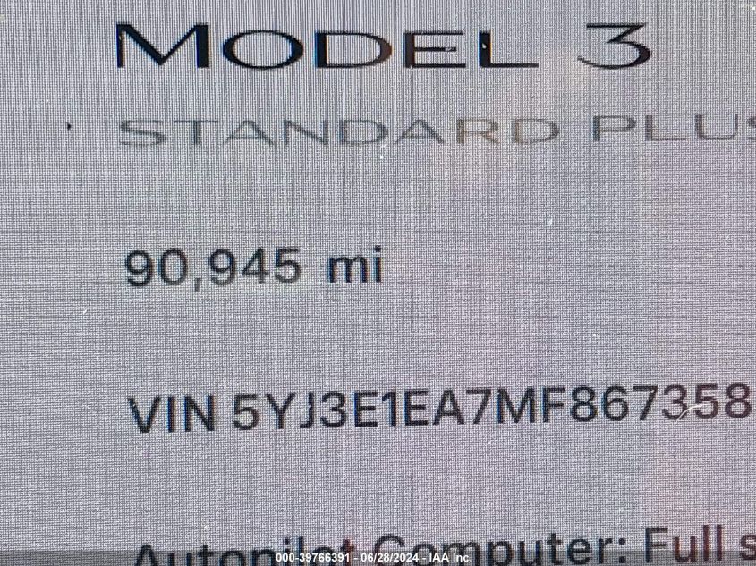 2021 Tesla Model 3 VIN: 5YJ3E1EA7MF867358 Lot: 39766391