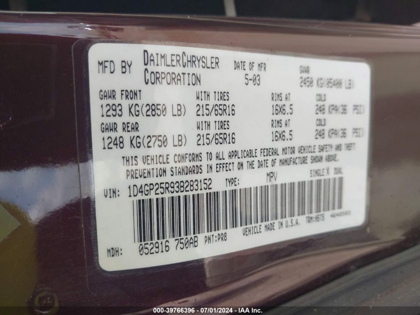 2003 Dodge Caravan Se VIN: 1D4GP25R93B283152 Lot: 39766396