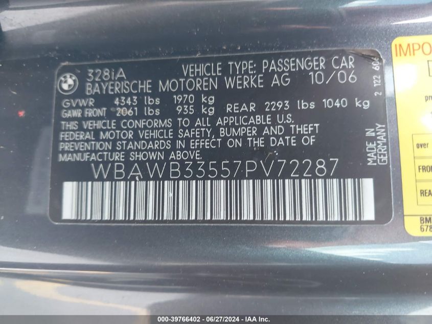 2007 BMW 328I VIN: WBAWB33557PV72287 Lot: 39766402