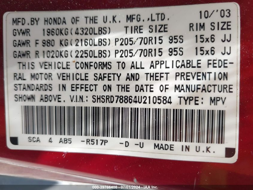 2004 Honda Cr-V Ex VIN: SHSRD78864U210584 Lot: 39766408