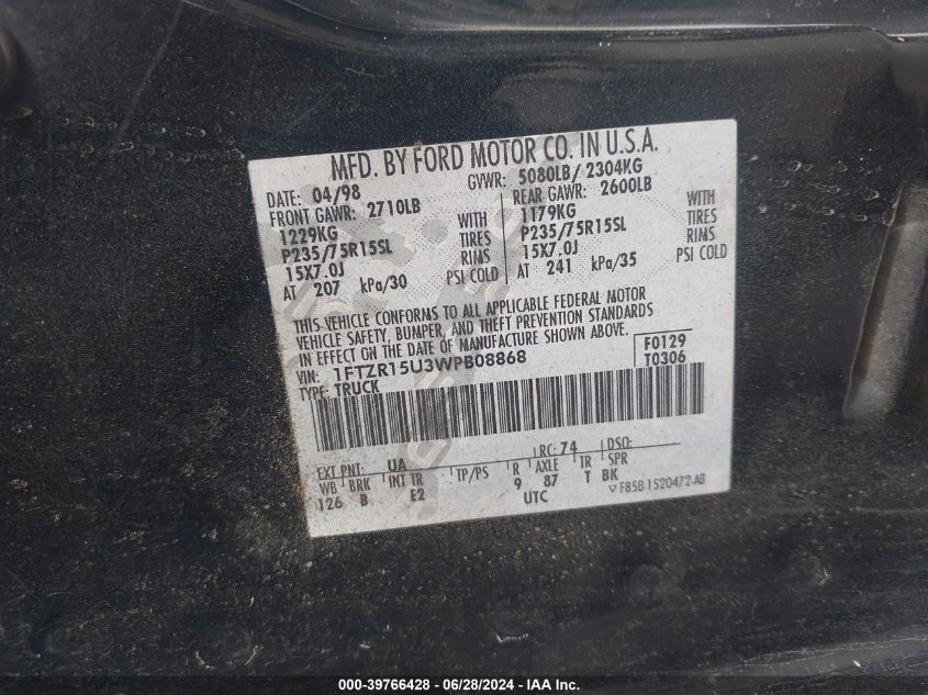 1998 Ford Ranger Super Cab VIN: 1FTZR15U3WPB08868 Lot: 39766428