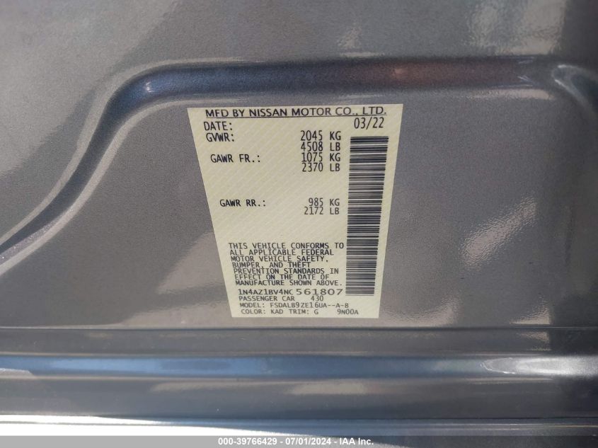 2022 Nissan Leaf S 40 Kwh VIN: 1N4AZ1BV4NC561807 Lot: 39766429