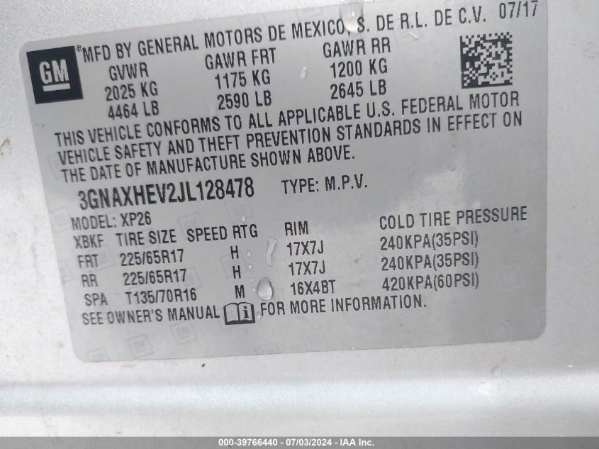 2018 Chevrolet Equinox Ls VIN: 3GNAXHEV2JL128478 Lot: 39766440