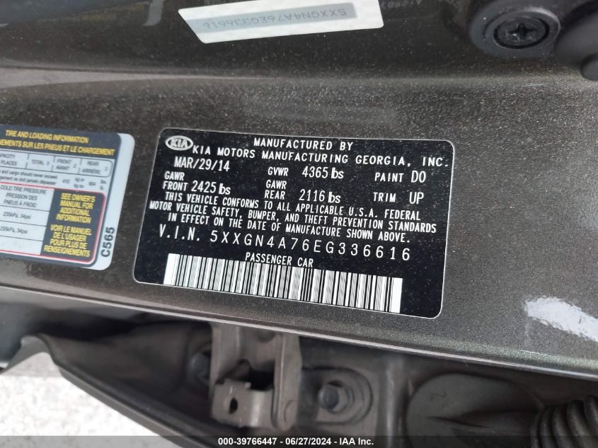 2014 Kia Optima Ex VIN: 5XXGN4A76EG336616 Lot: 39766447