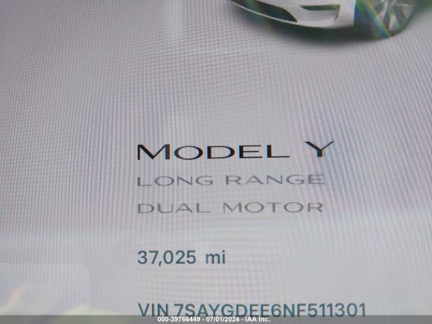 2022 Tesla Model Y Long Range Dual Motor All-Wheel Drive VIN: 7SAYGDEE6NF511301 Lot: 39766449