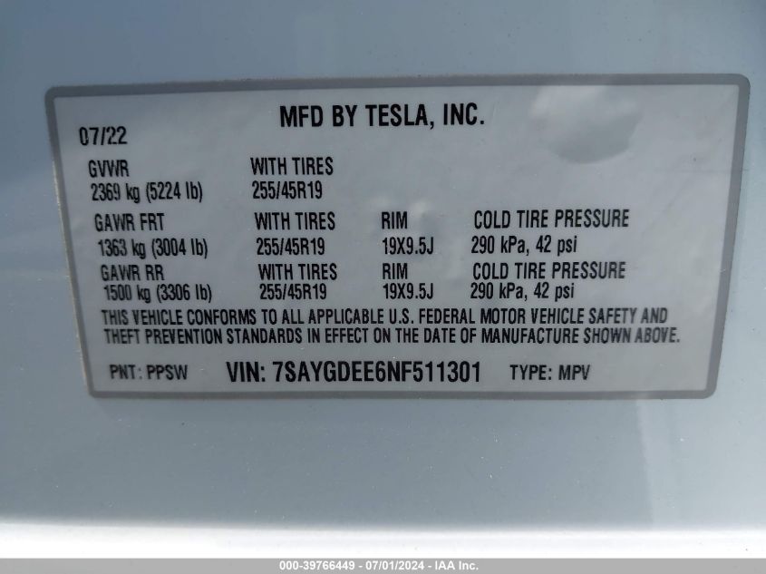 2022 Tesla Model Y Long Range Dual Motor All-Wheel Drive VIN: 7SAYGDEE6NF511301 Lot: 39766449