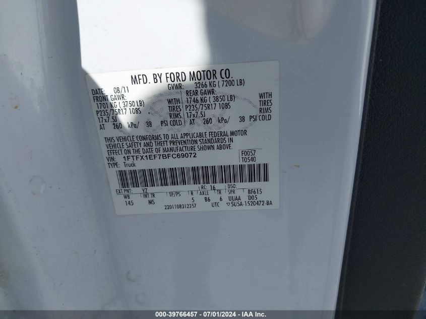 2011 Ford F-150 Xlt VIN: 1FTFX1EF7BFC69072 Lot: 39766457