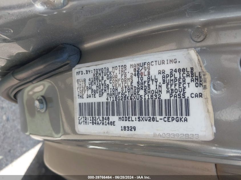 1999 Toyota Camry Ce/Le/Xle VIN: 4T1BG28K6XU51183 Lot: 39766464