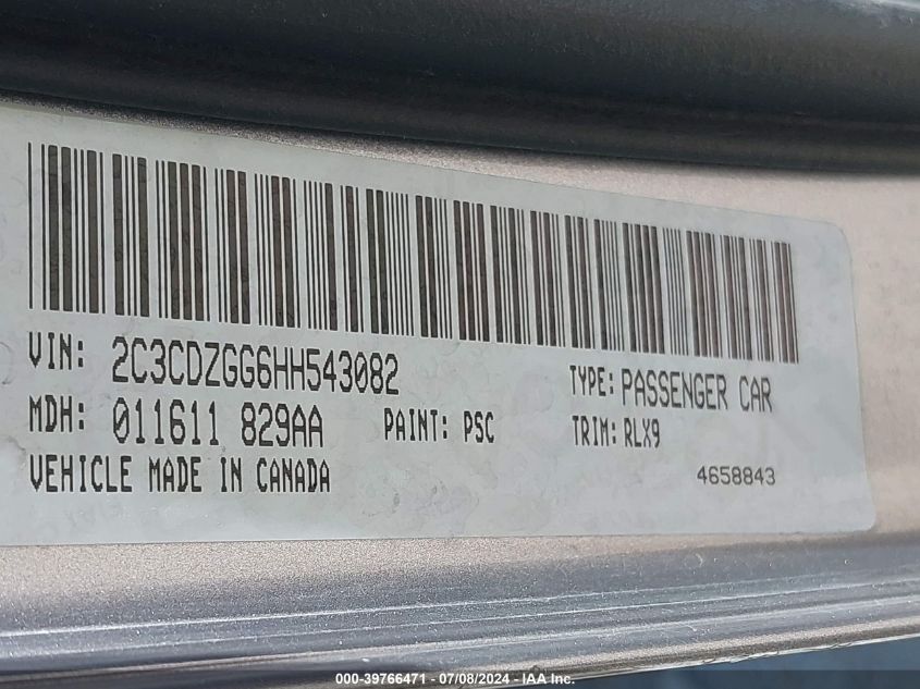 2017 Dodge Challenger Gt VIN: 2C3CDZGG6HH543082 Lot: 39766471