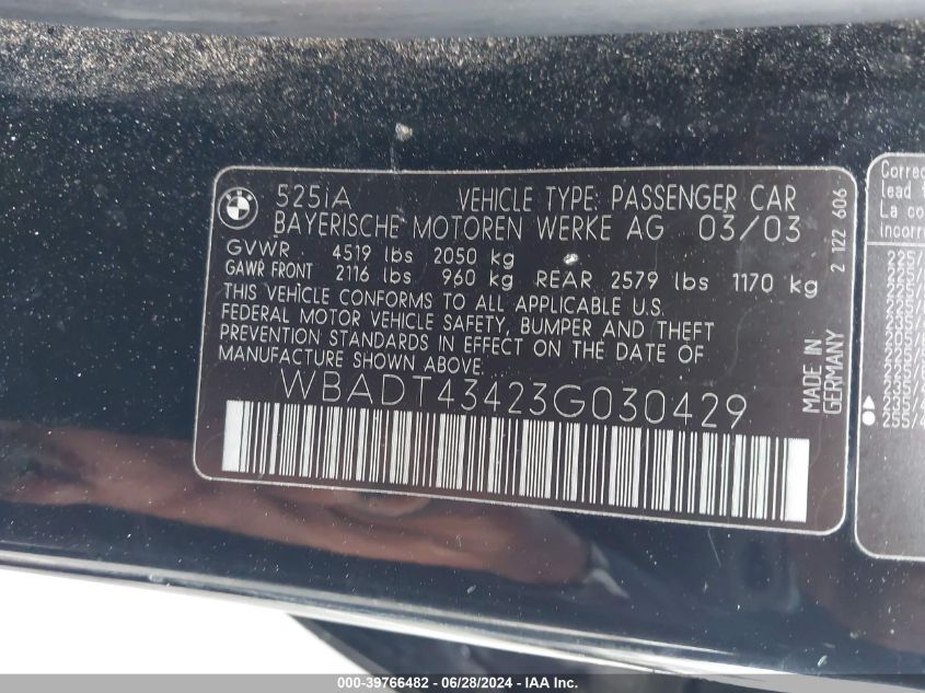 2003 BMW 525Ia VIN: WBADT43423G030429 Lot: 39766482