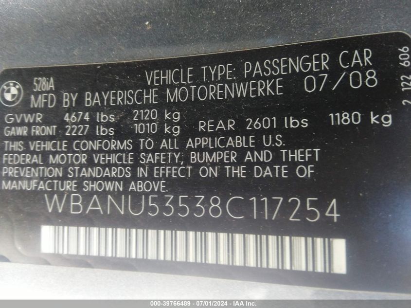 2008 BMW 528I VIN: WBANU53538C117254 Lot: 39766489