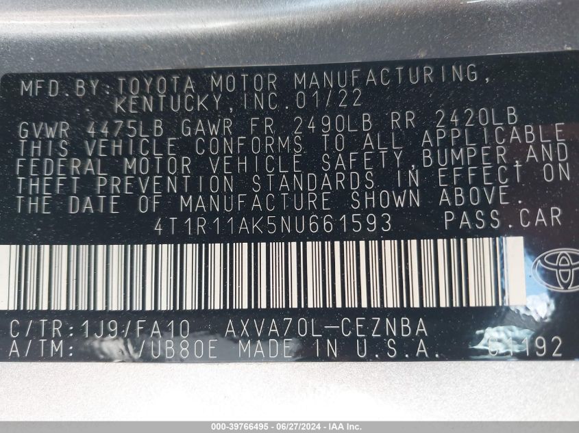 4T1R11AK5NU661593 | 2022 TOYOTA CAMRY