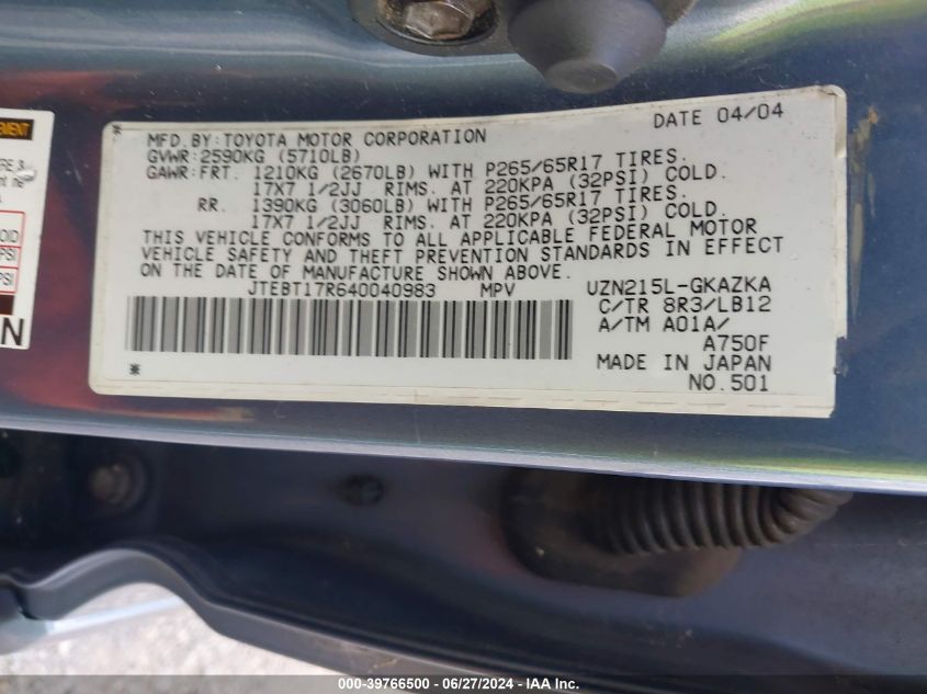 2004 Toyota 4Runner Limited V8 VIN: JTEBT17R640040983 Lot: 39766500