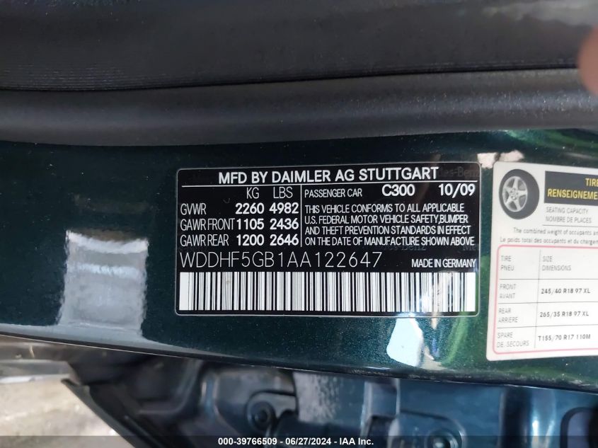 2010 Mercedes-Benz E 350 VIN: WDDHF5GB1AA122647 Lot: 39766509