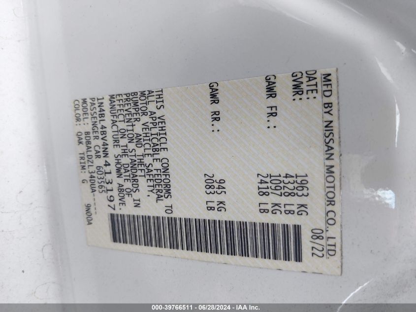 2022 Nissan Altima S Fwd VIN: 1N4BL4BV4NN413197 Lot: 39766511