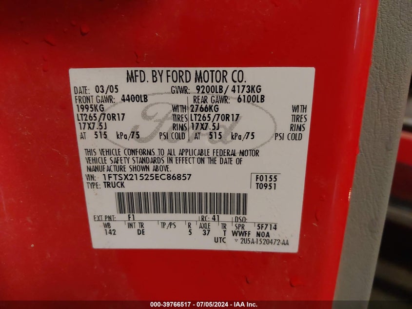 2005 Ford F-250 Lariat/Xl/Xlt VIN: 1FTSX21525EC86857 Lot: 39766517