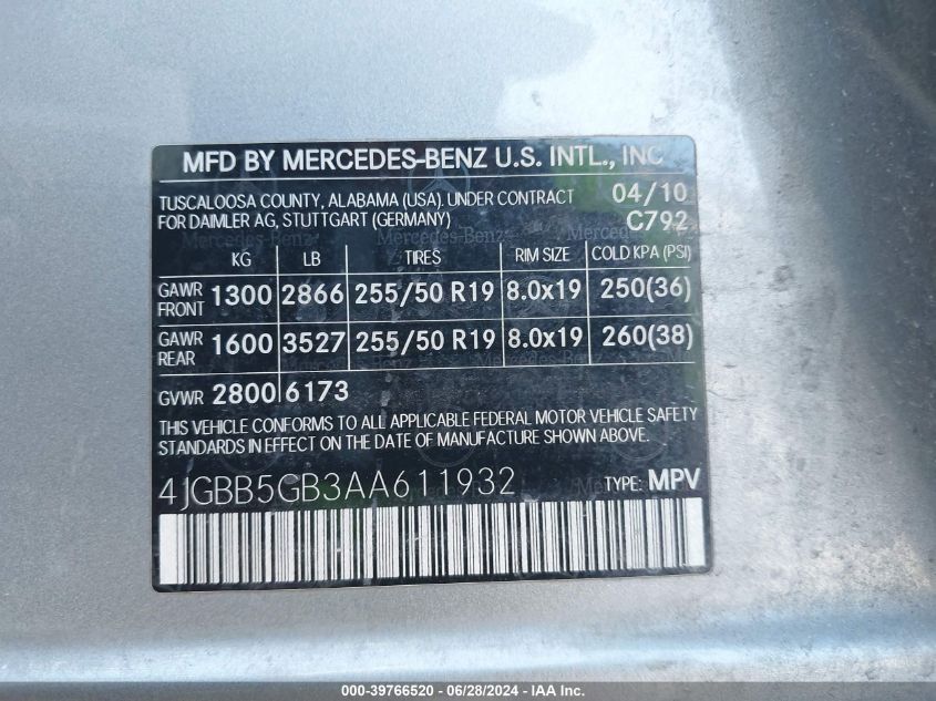 2010 Mercedes-Benz Ml 350 VIN: 4JGBB5GB3AA611932 Lot: 39766520