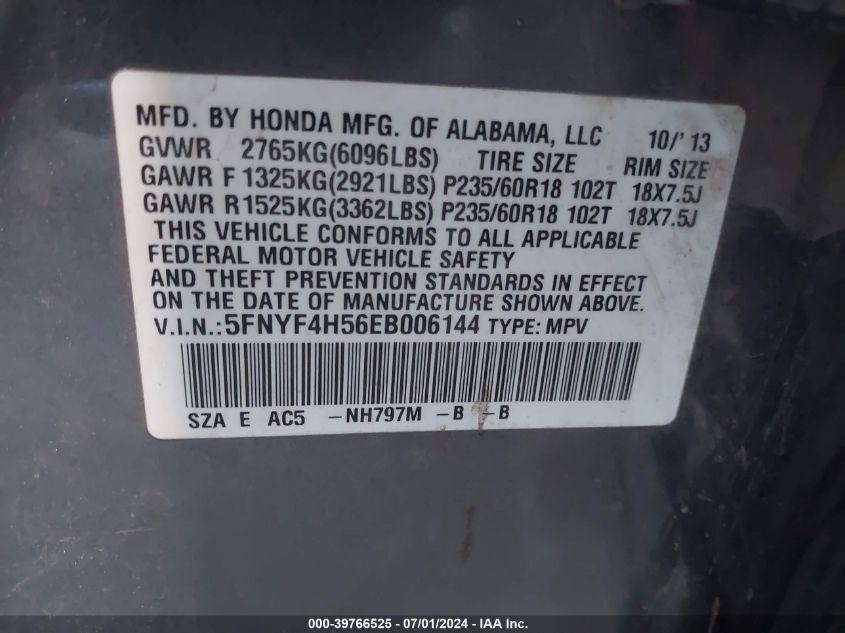 2014 Honda Pilot Ex-L VIN: 5FNYF4H56EB006144 Lot: 39766525