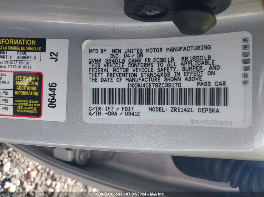 2009 Toyota Corolla S VIN: 1NXBU40E79Z039170 Lot: 39766533