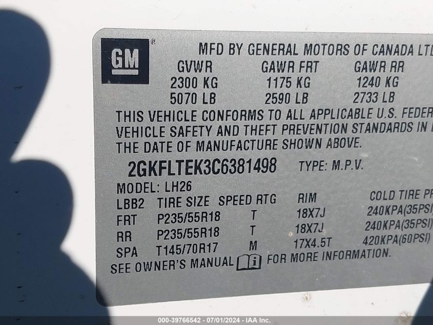 2012 GMC Terrain Sle-2 VIN: 2GKFLTEK3C6381498 Lot: 39766542