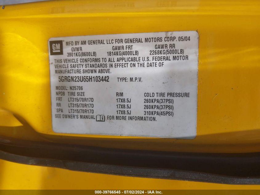 2005 Hummer H2 Suv VIN: 5GRGN23U65H103442 Lot: 39766545