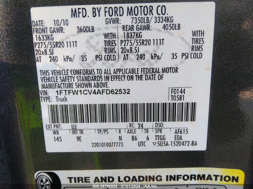 2010 Ford F-150 Lariat VIN: 1FTFW1CV4AFD62532 Lot: 39766559