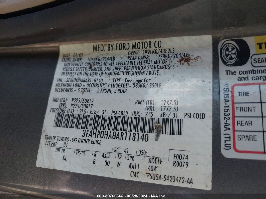 2010 Ford Fusion Se VIN: 3FAHP0HA8AR118140 Lot: 39766565