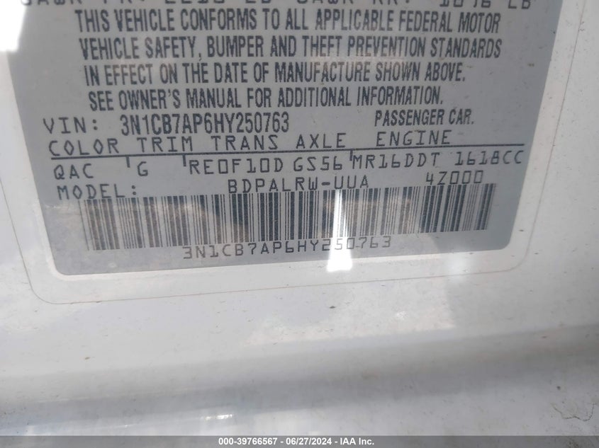 2017 Nissan Sentra Sr Turbo VIN: 3N1CB7AP6HY250763 Lot: 39766567