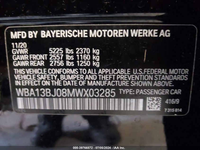 WBA13BJ08MWX03285 2021 BMW 530I xDrive