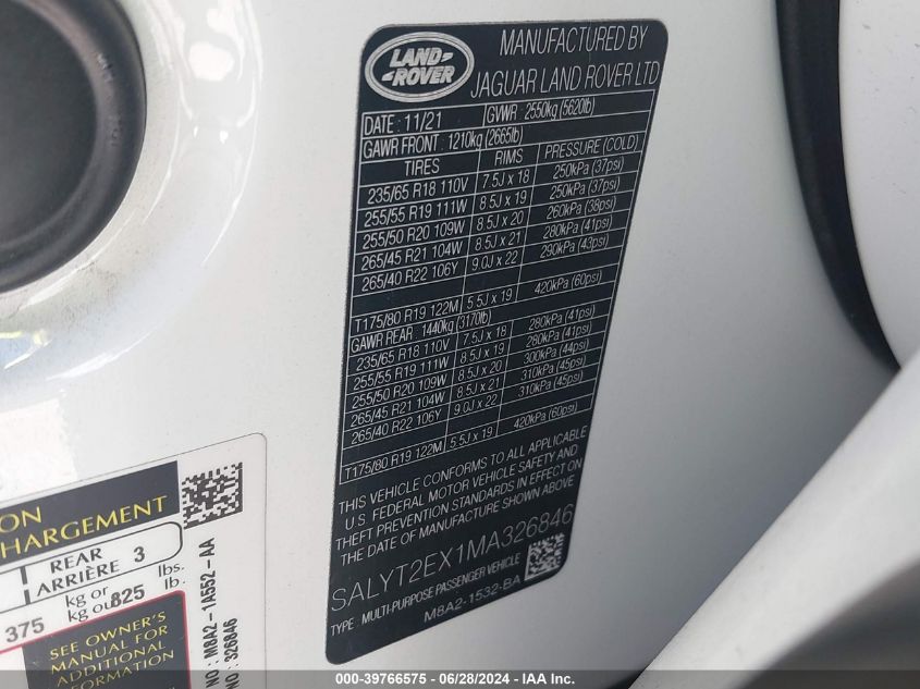 2021 Land Rover Range Rover Velar P250 R-Dynamic S VIN: SALYT2EX1MA326846 Lot: 39766575