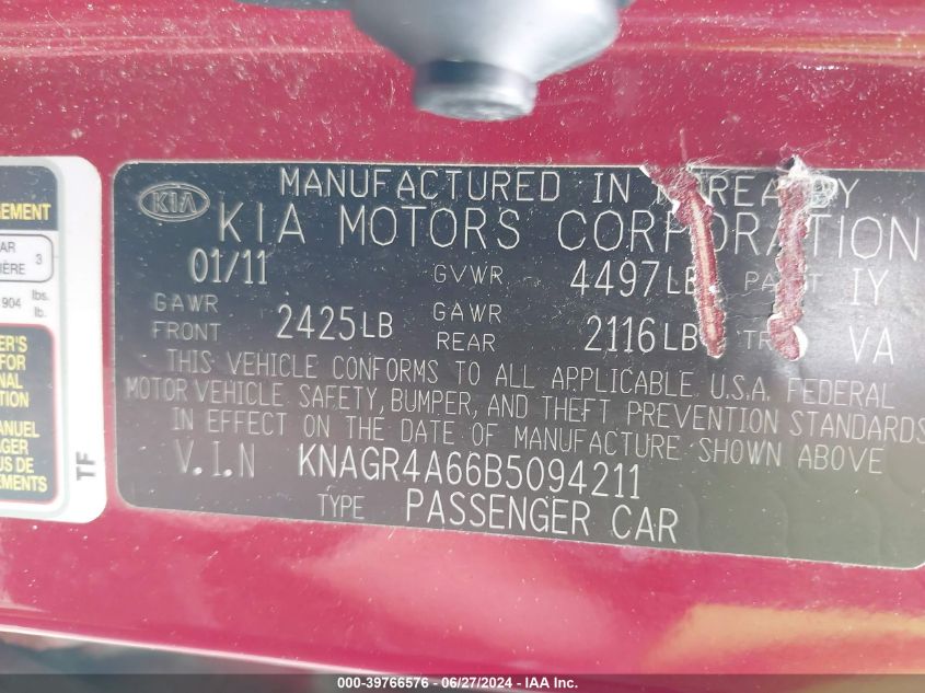 2011 Kia Optima Sx VIN: KNAGR4A66B5094211 Lot: 39766576