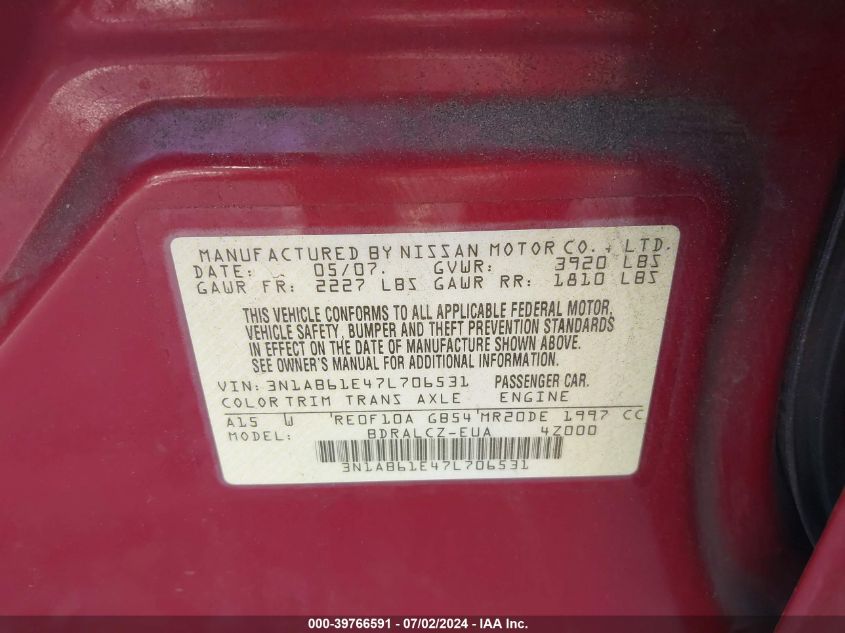 2007 Nissan Sentra 2.0/2.0S/2.0Sl VIN: 3N1AB61E47L706531 Lot: 39766591