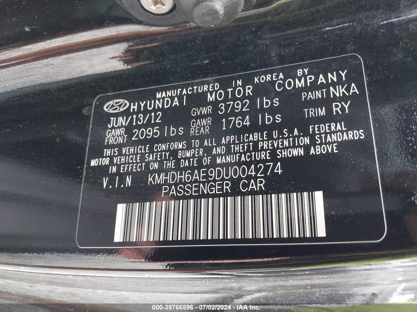 2013 Hyundai Elantra Gs VIN: KMHDH6AE9DU004274 Lot: 39766596