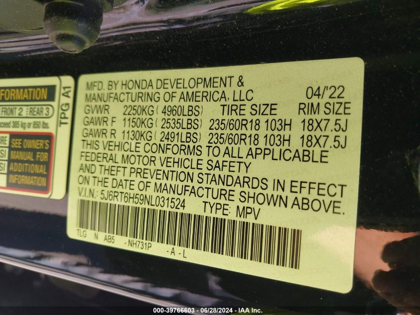 2022 Honda Cr-V Ex VIN: 5J6RT6H59NL031524 Lot: 39766603