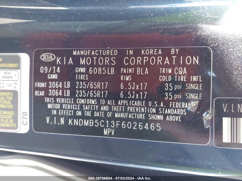 2015 Kia Sedona Lx VIN: KNDMB5C13F6026465 Lot: 39766604