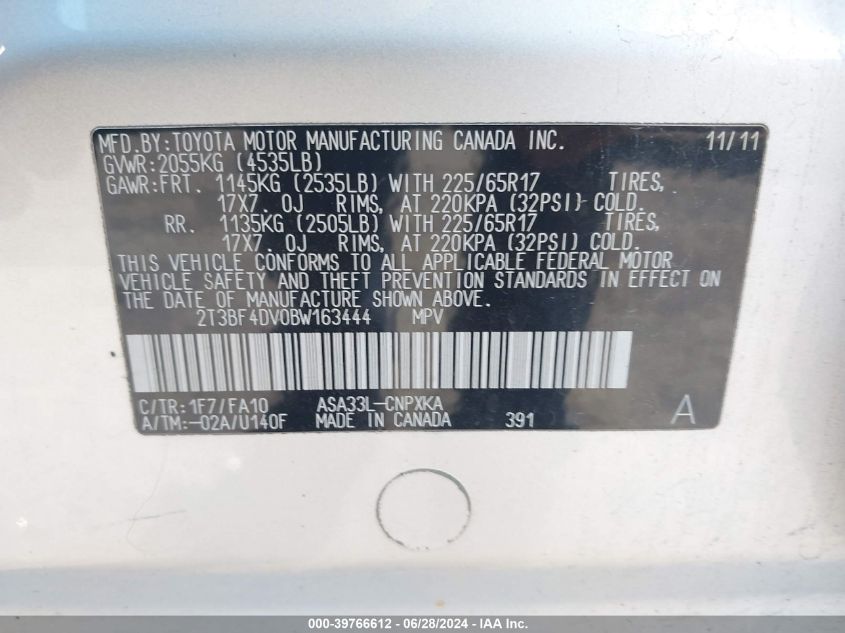 2011 Toyota Rav4 VIN: 2T3BF4DV0BW163444 Lot: 39766612